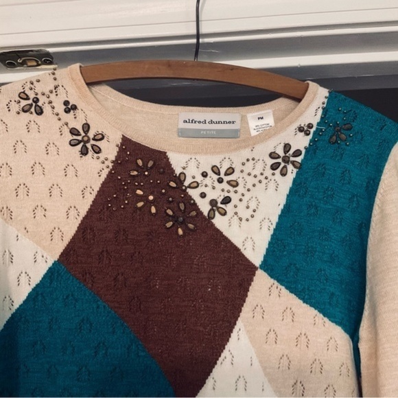 Alfred Dunner Color block LS Sweater Lightweight MP beiges choc brown dk teal - Picture 11 of 12
